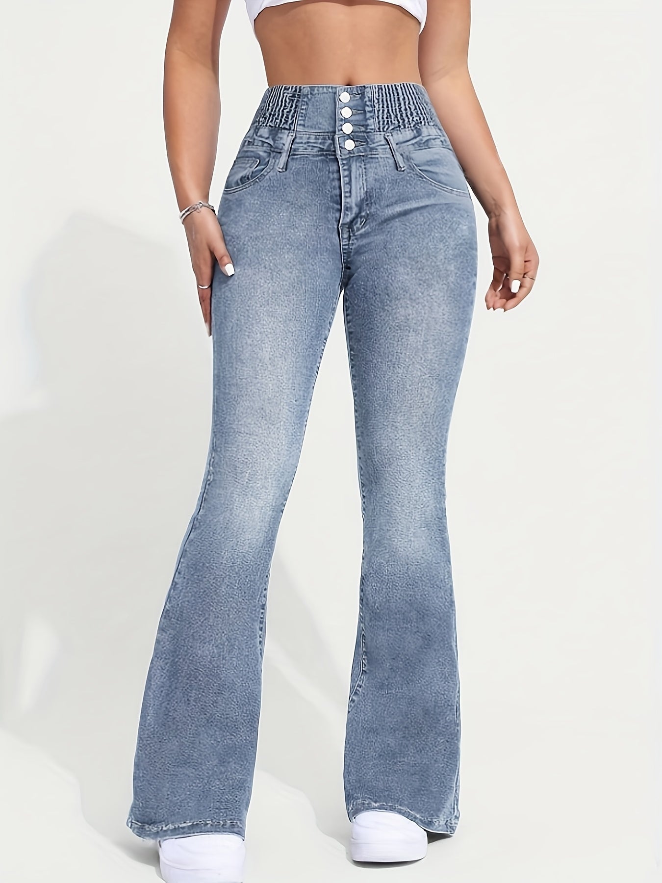 Stretch Comfort Women's High-Waist Stretch Denim Flare Jeans - Sexy Bell Bottoms with Slant Pockets, Light Blue Washed Mid-Rise Denim Pants for Everyday Style, Everyday Jeans | Sexy Highwaist Jeans | Comfortable Fit