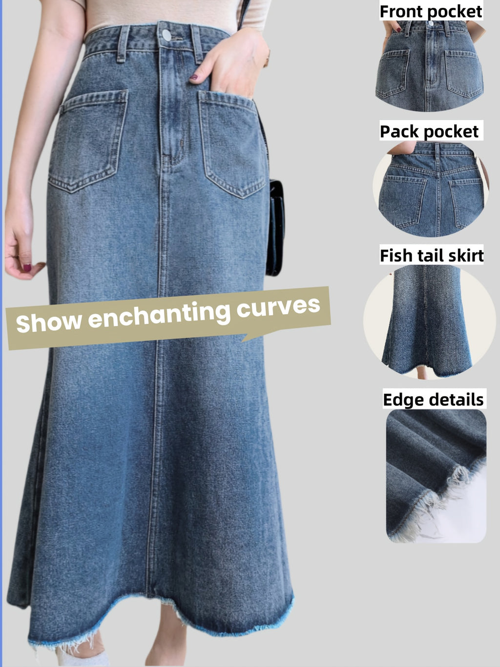 Women'S Denim Mermaid Skirt - High-Waisted, Frayed Hem, Casual Style, Non-Stretch Rayon, Ideal for Spring\u002FSummer\u002FFall, Casual Attire|Casual Style|Nonstretch Fabric