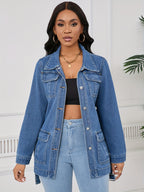Mid-Length Denim Jacket for Women with a Belt And Four Pockets.