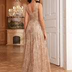 Elegant V-Neck Sequin Embroidered Sleeveless Maxi Dress for Women - Flowing Floor-Length Evening Gown with Lace Detailing, Perfect for Parties, Proms, and Formal Events