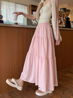 Spring And Autumn Women'S High-Waisted Slimming Versatile White Midi Skirt with Elastic Waist, Mid-Length Black Skirt with Lining, Beach Party Long Skirt.