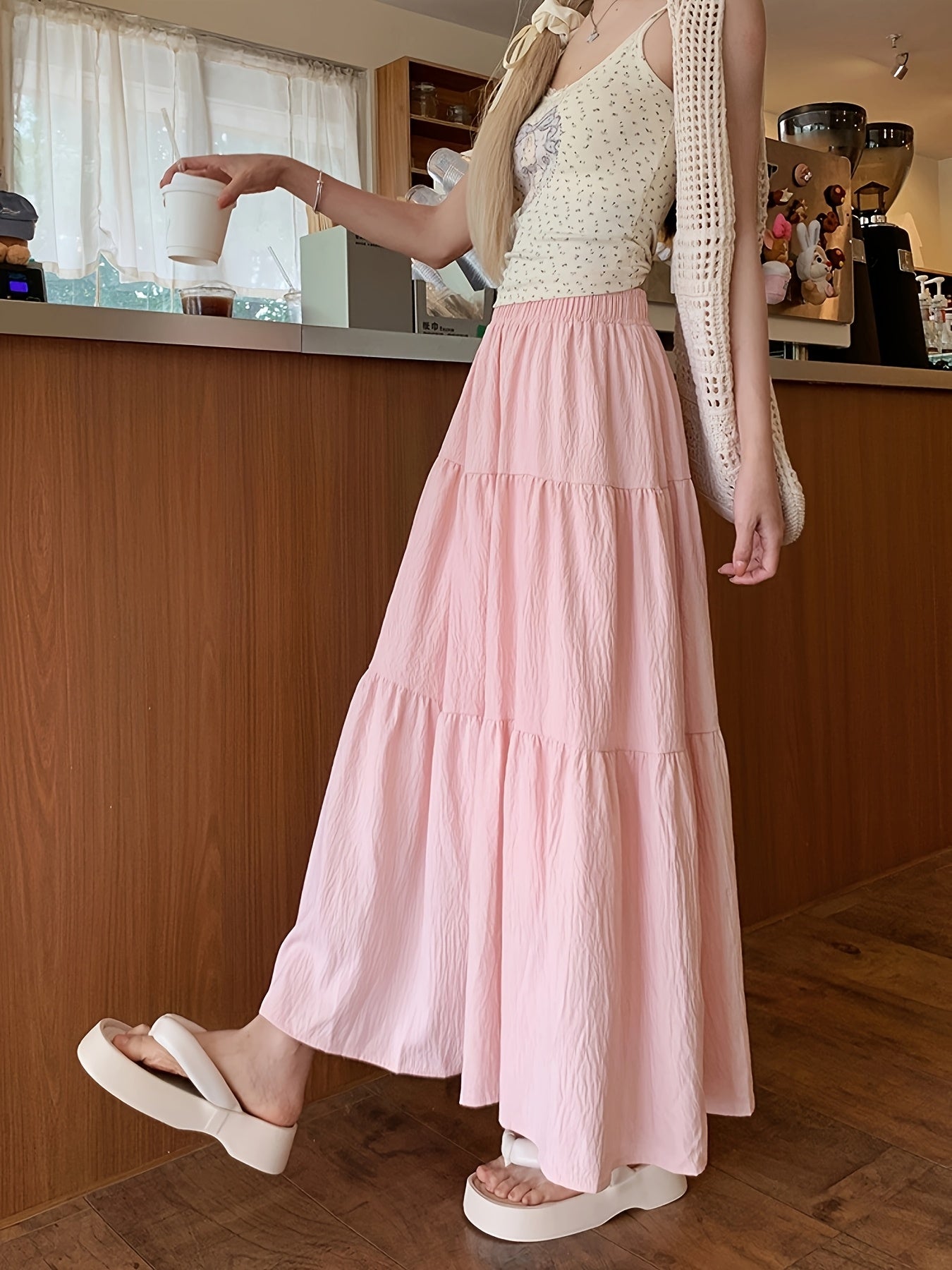 Spring And Autumn Women'S High-Waisted Slimming Versatile White Midi Skirt with Elastic Waist, Mid-Length Black Skirt with Lining, Beach Party Long Skirt.