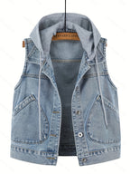 A Loose-Fitting Spring And Autumn Jacket in a Trendy Korean Style, Featuring Versatile Square Slant Pockets, Sleeveless Design, Short Length, And Single-Breasted Closure. The Hood Is Detachable, Making It a Stylish Hoodie Jacket.