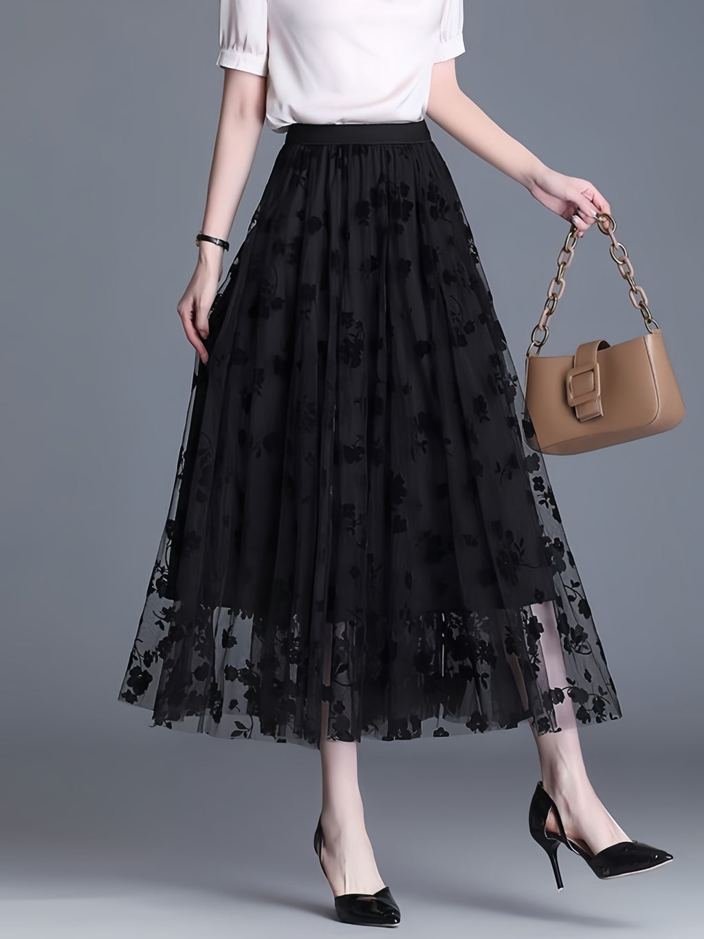 Directional Elegant Floral Printed Mesh Skirt, High-Waisted Casual Long Skirt, Women'S Clothing