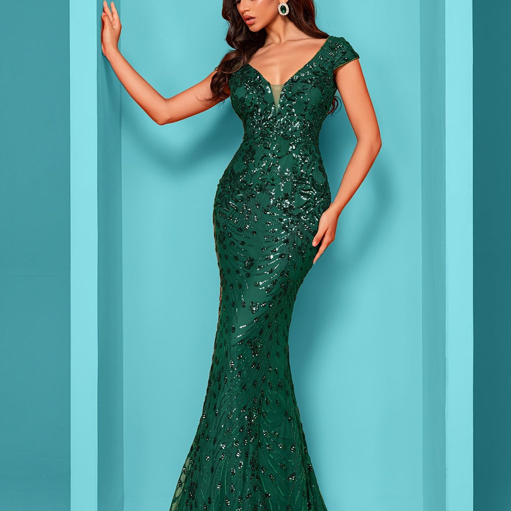 Elegant Beaded V-Neck Sleeveless Tank Fishtail Dress - Luxury Formal Bridesmaid & Evening Gown with Floral Print, Long Train Mermaid Silhouette for Weddings, Parties, Galas - Hand Wash Only, Bridesmaid Dress, Wedding Attire, Sophisticated Craftsmanship