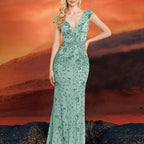 Elegant Beaded V-Neck Sleeveless Tank Fishtail Dress - Luxury Formal Bridesmaid & Evening Gown with Floral Print, Long Train Mermaid Silhouette for Weddings, Parties, Galas - Hand Wash Only, Bridesmaid Dress, Wedding Attire, Sophisticated Craftsmanship