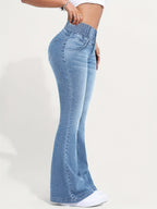 Women's High-Waist Stretch Denim Flare Jeans with Front Button Closure, Comfortable Bell Bottoms in Light Blue Washed Finish, Elegant & Trendy Design for Casual Attire