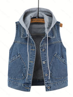 A Loose-Fitting Spring And Autumn Jacket in a Trendy Korean Style, Featuring Versatile Square Slant Pockets, Sleeveless Design, Short Length, And Single-Breasted Closure. The Hood Is Detachable, Making It a Stylish Hoodie Jacket.
