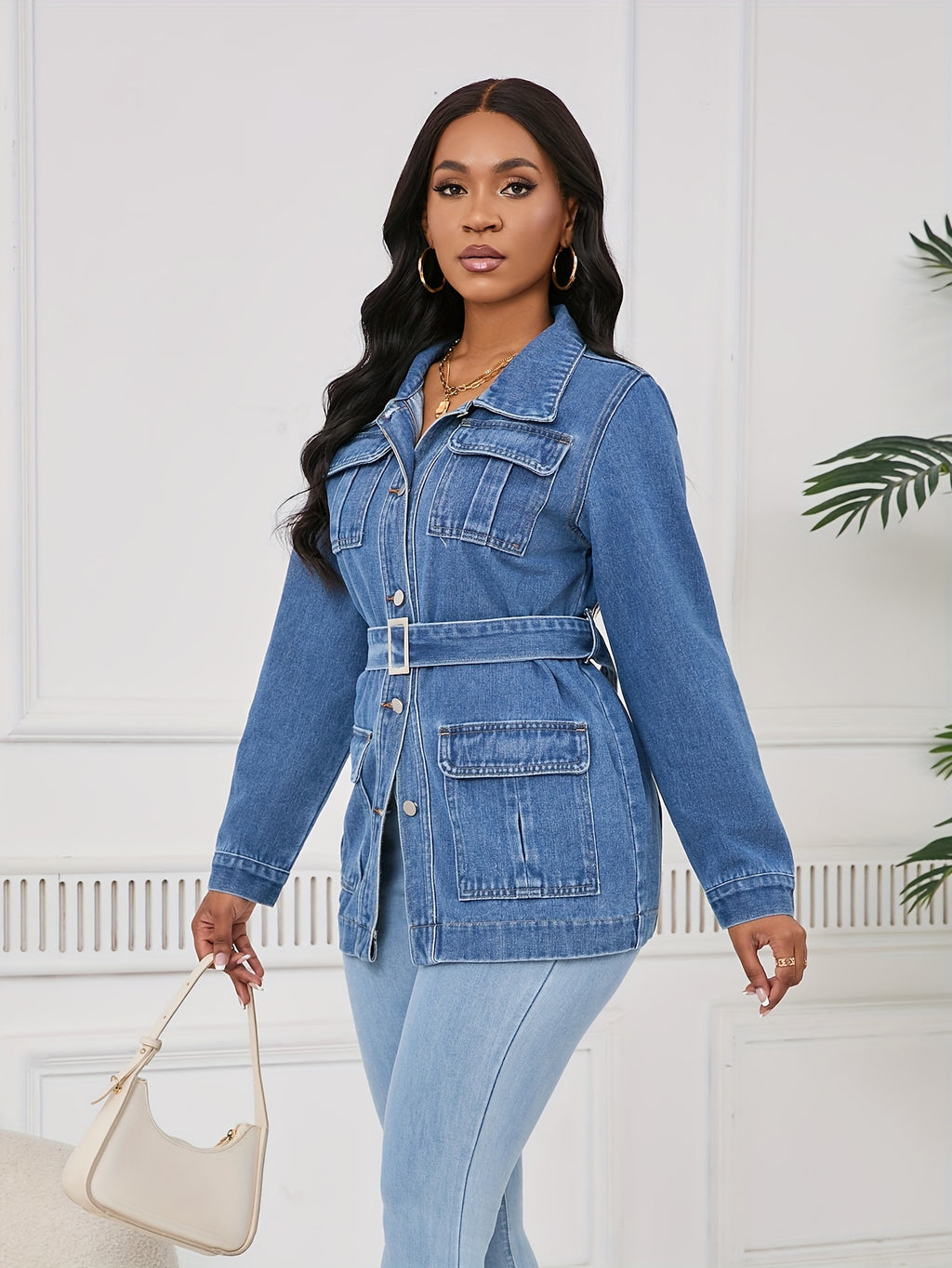 Mid-Length Denim Jacket for Women with a Belt And Four Pockets.