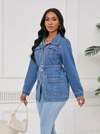 Mid-Length Denim Jacket for Women with a Belt And Four Pockets.