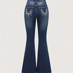 Stretch Comfort Women's Stretch Denim Flare Jeans with Rhinestone Details - Elegant Blue Bell Bottom Pants, Mid-Rise, Blend, Machine Washable, All-Season Comfort Fit