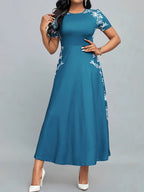 Elegant Printed Polyester Crew Neck Fitted Dress for Adult - Spring\u002FSummer\u002FFall Collection