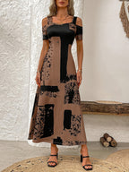 Women'S Summer Vacation Dress - Square Neck, Short Sleeve, Knit Fabric, 170g\u002Fm², Polyester and Spandex Blend, Long Length, Strapless A Pendulum Dress with Drawing Pattern