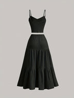 Women'S Solid Color Strapless Tank Top and Long Skirt Set - Casual Polyester Blend with Ruffle Detail, Perfect for Spring\u002FSummer, Casual Attire|Strapless Top|Polyester Blend