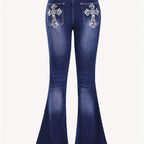 Cross Embroidery Whiskering Washed Blue Retro Style Zipper Button Closure Denim Pants, Women's Denim Jeans & Clothing