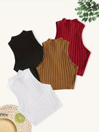 Middle East Special Solid Color Ribbed Vest 4pcs Set, Elegant Stand-up Collar Sleeveless Navel Top