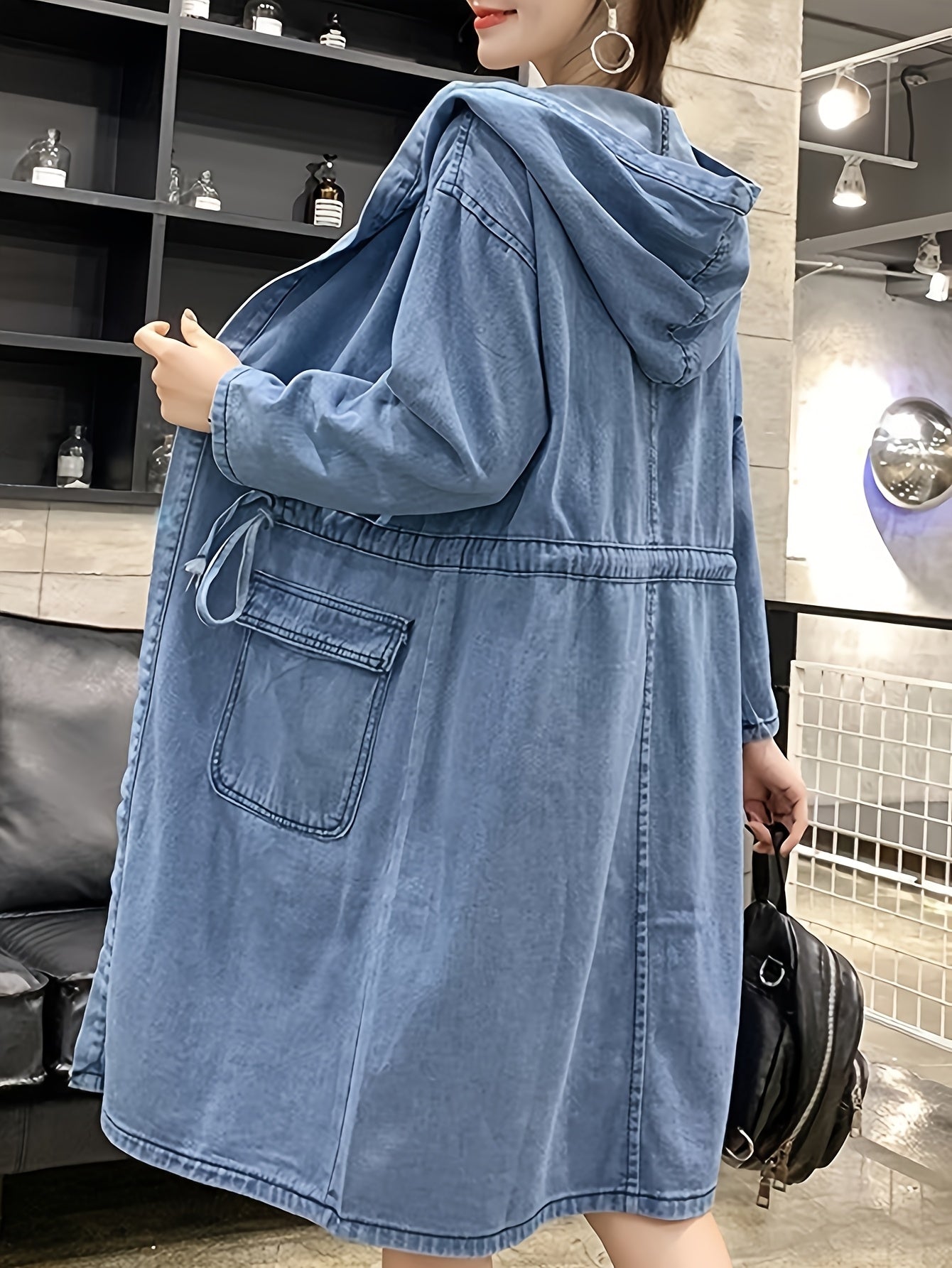 Women'S Vintage-Inspired Faux Denim Jacket with Kangaroo Pocket - Long Sleeve, Hooded, Non-Stretch Fabric, Casual Style, Spring\u002FSummer Collection, Blue Jean Jacket for Women