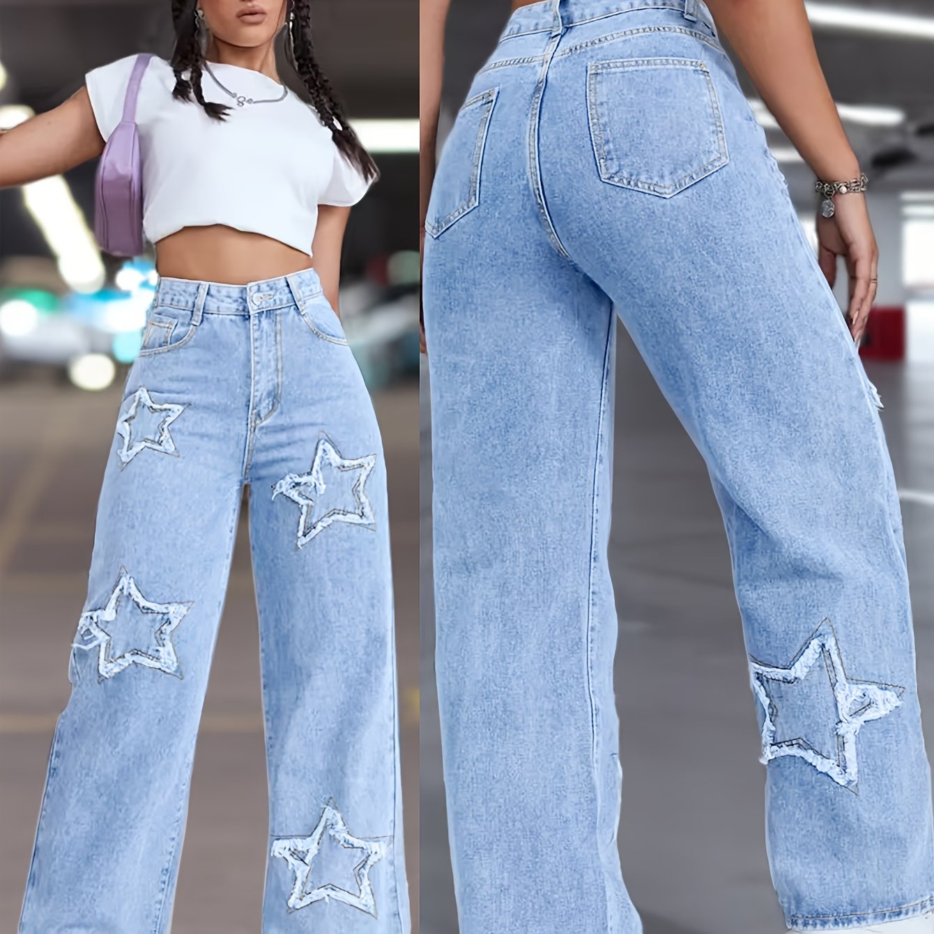 Women's Elegant Star Straight-Leg Jeans - Stretch Denim, Comfort Fit, Machine Washable, Versatile All-Season Wear