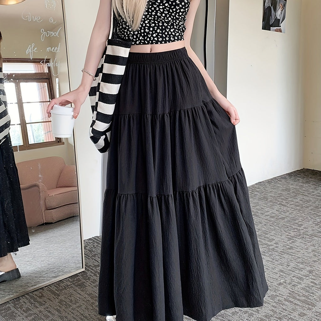 Spring And Autumn Women'S High-Waisted Slimming Versatile White Midi Skirt with Elastic Waist, Mid-Length Black Skirt with Lining, Beach Party Long Skirt.