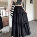 Spring And Autumn Women'S High-Waisted Slimming Versatile White Midi Skirt with Elastic Waist, Mid-Length Black Skirt with Lining, Beach Party Long Skirt.
