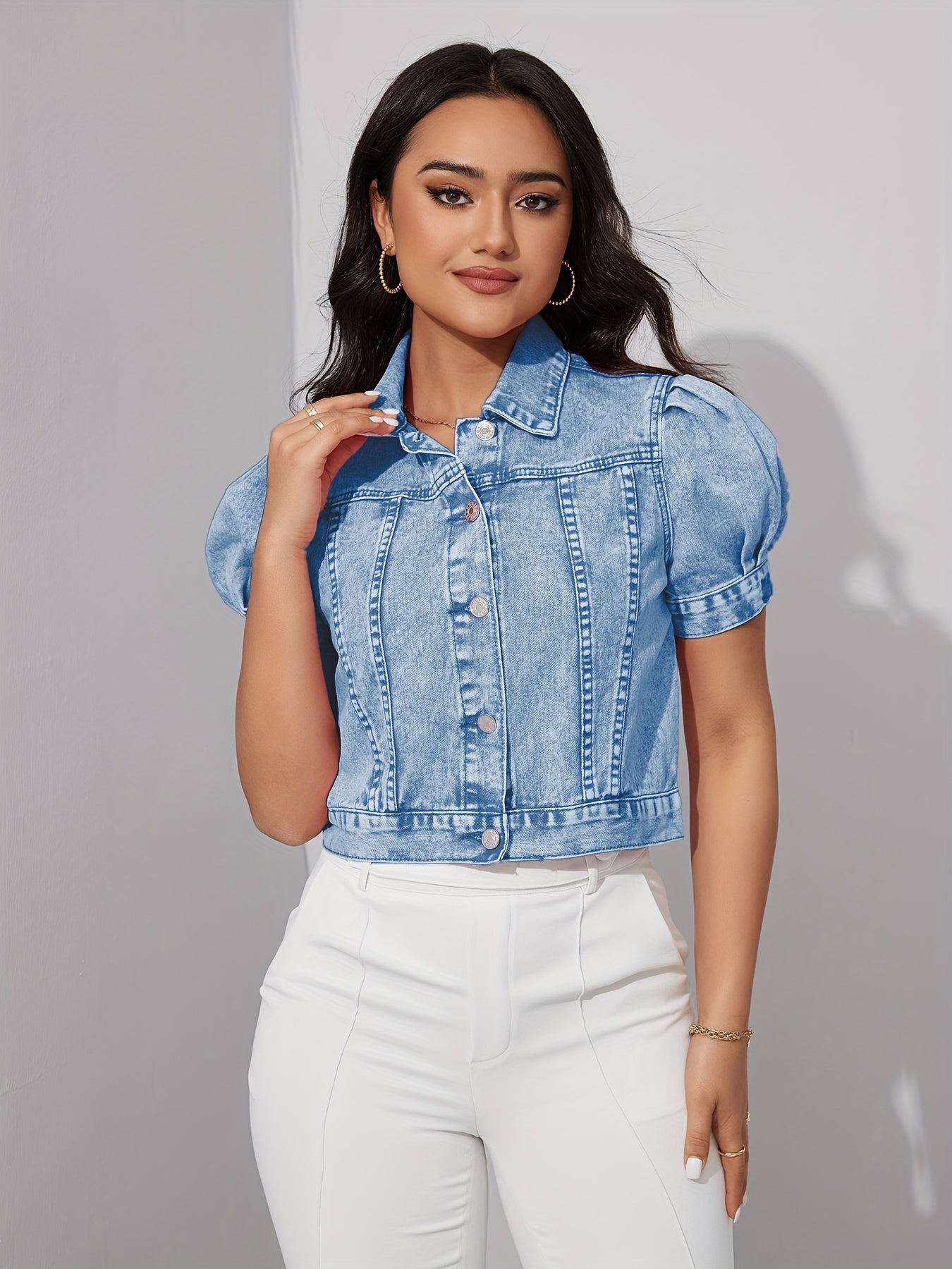 Elegant Solid Color Denim Jacket for Women - Short Sleeve, Button-Up, Machine Washable - Perfect for Spring\u002FSummer