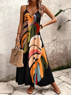 Women's Tropical Leaf Print Sleeveless Maxi Dress - Vibrant Orange & Green Loose Fit Summer Dress with Thin Straps, Machine Washable for Beach Vacations & Casual Outings, Warm Weather Clothing | Flowing Maxi Dress | Lightweight Fabric, Beach Dress