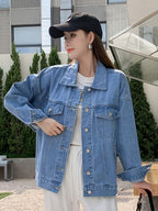 Women'S Casual Denim Jacket, Loose Fit Solid Color, Long Sleeve, Single Breasted with Lapel Collar, Regular Length, Non-Stretch Fabric, 81%, 9.6% Viscose, 8.5% Polyester, Fall\u002FWinter Outerwear